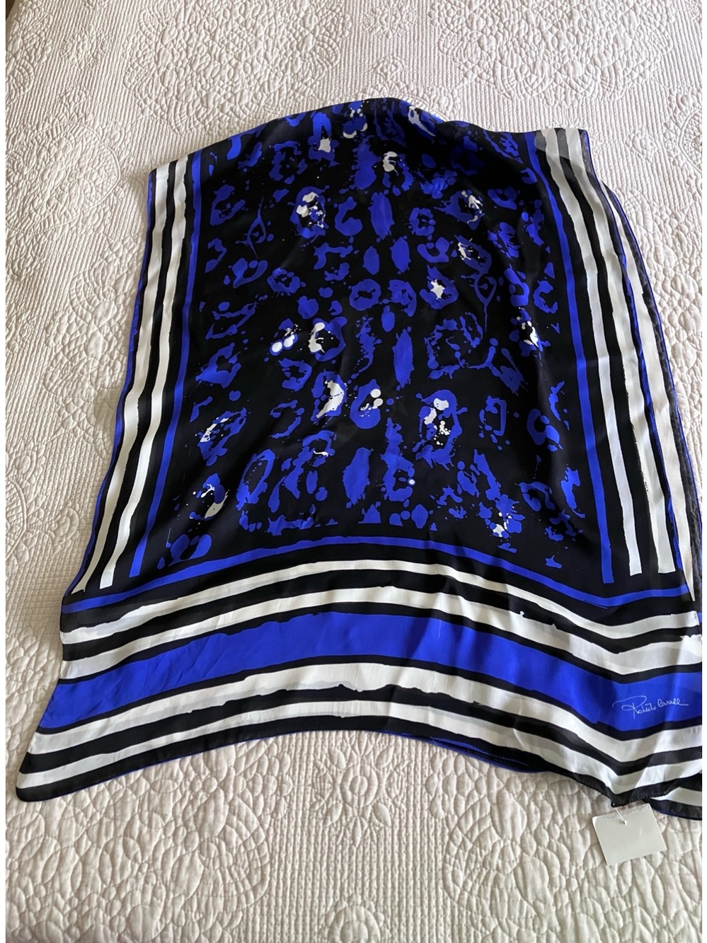 NWT Roberto Cavalli Blue, Black and White Silk Oblong Scarf